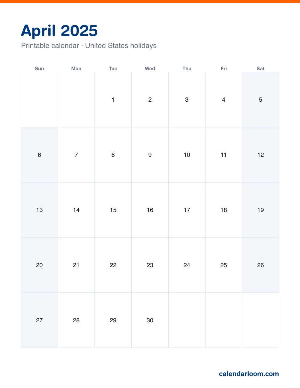 Printable April 2025 calendar with United States holidays marked, Sunday start, Letter size