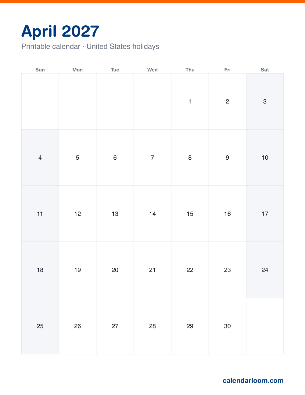 Printable April 2027 calendar with United States holidays marked, Sunday start, Letter size