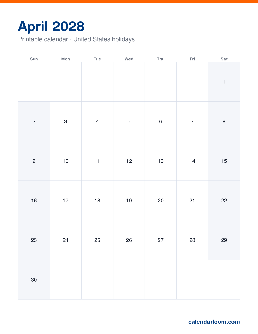 Printable April 2028 calendar with United States holidays marked, Sunday start, Letter size