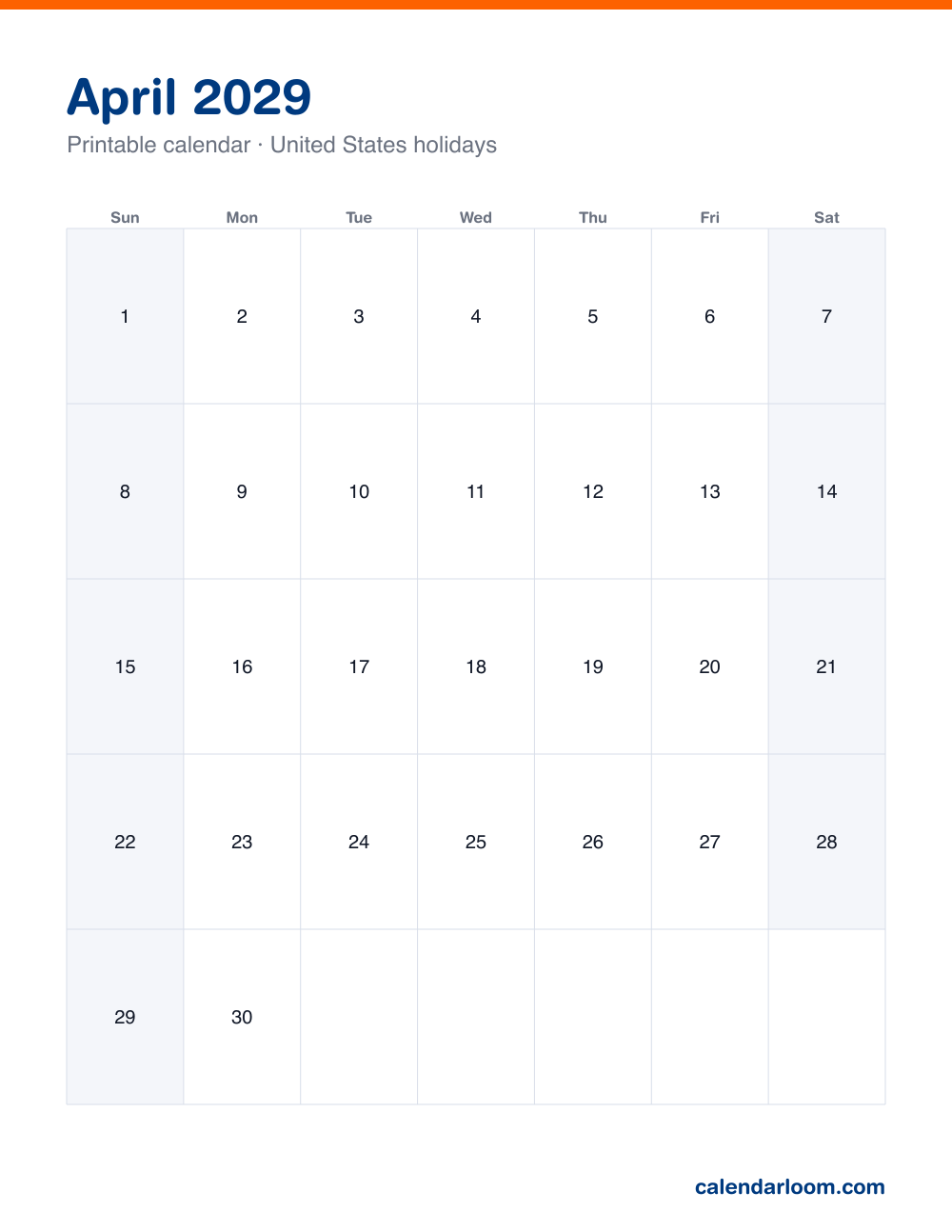 Printable April 2029 calendar with United States holidays marked, Sunday start, Letter size