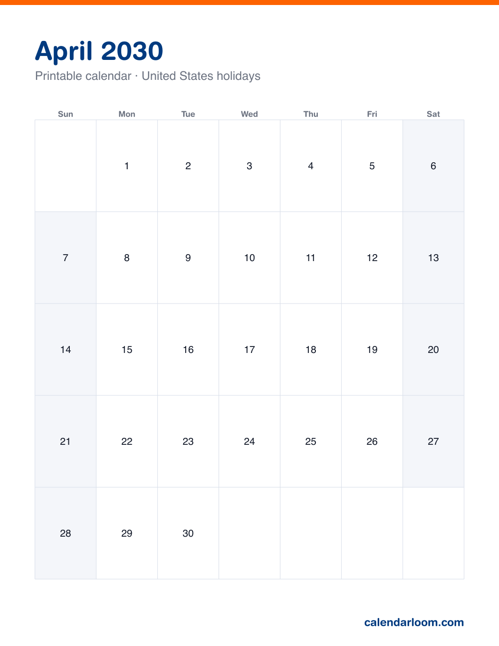Printable April 2030 calendar with United States holidays marked, Sunday start, Letter size