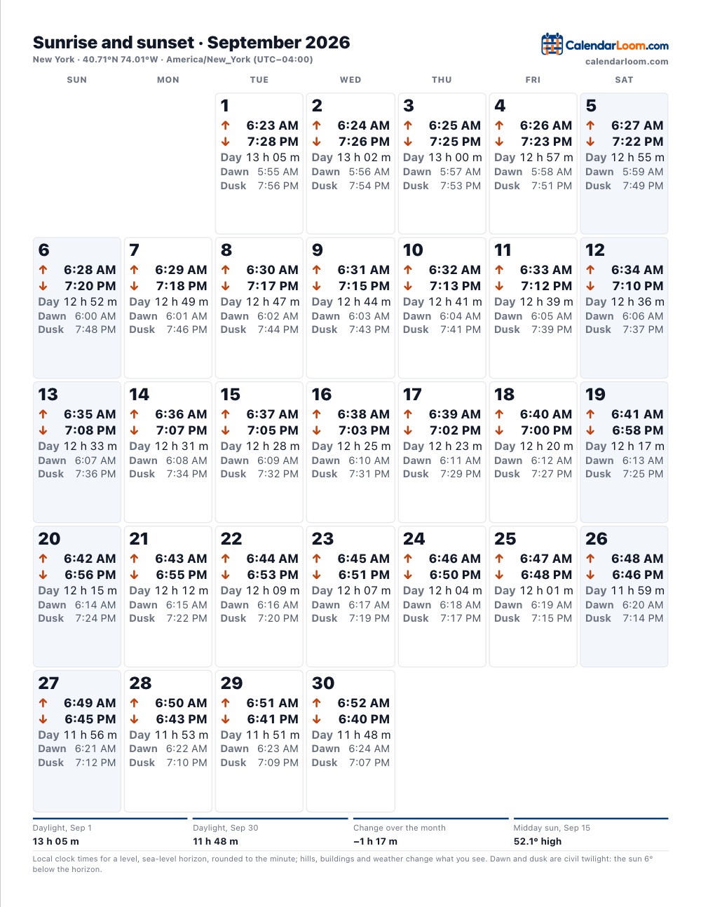 Example sunrise and sunset calendar for New York