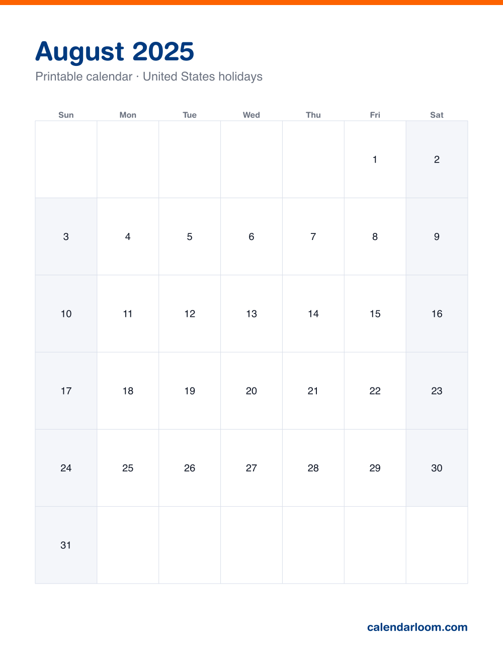 Printable August 2025 calendar with United States holidays marked, Sunday start, Letter size
