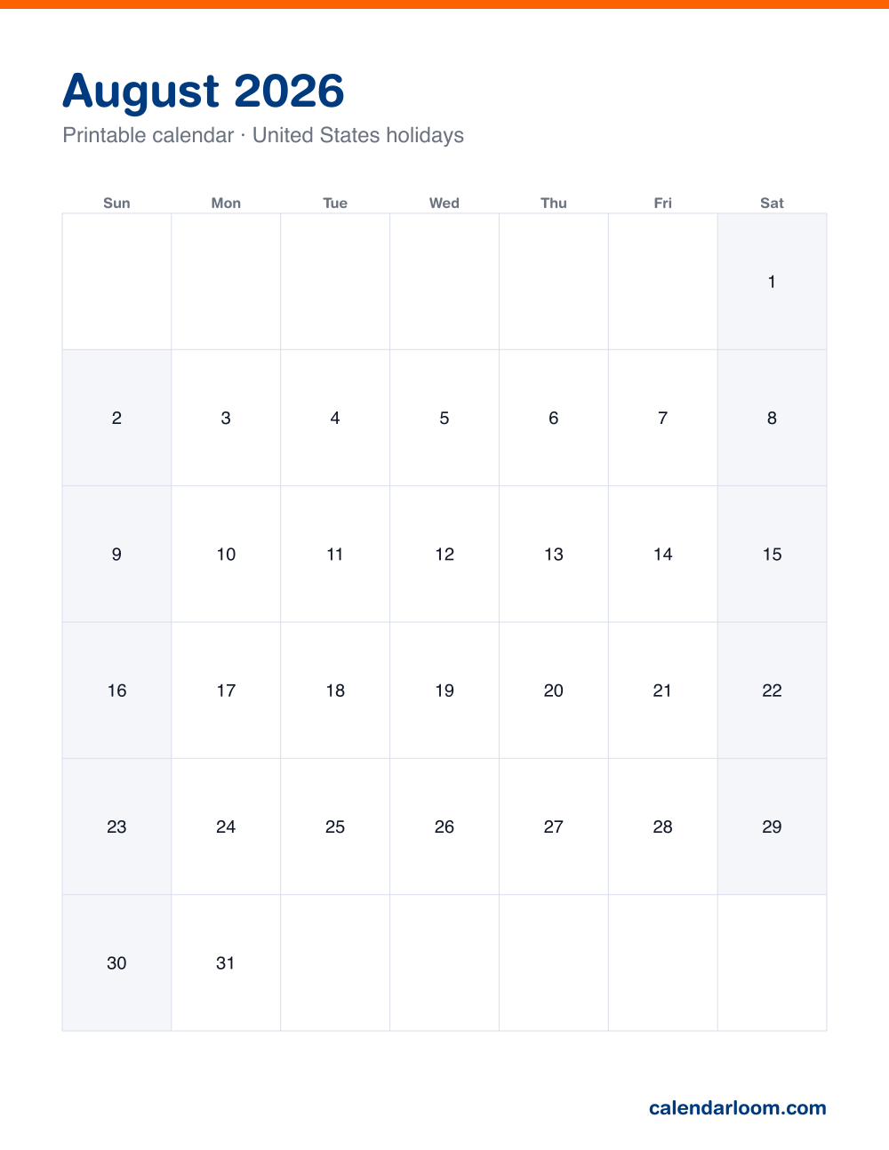 Printable August 2026 calendar with United States holidays marked, Sunday start, Letter size