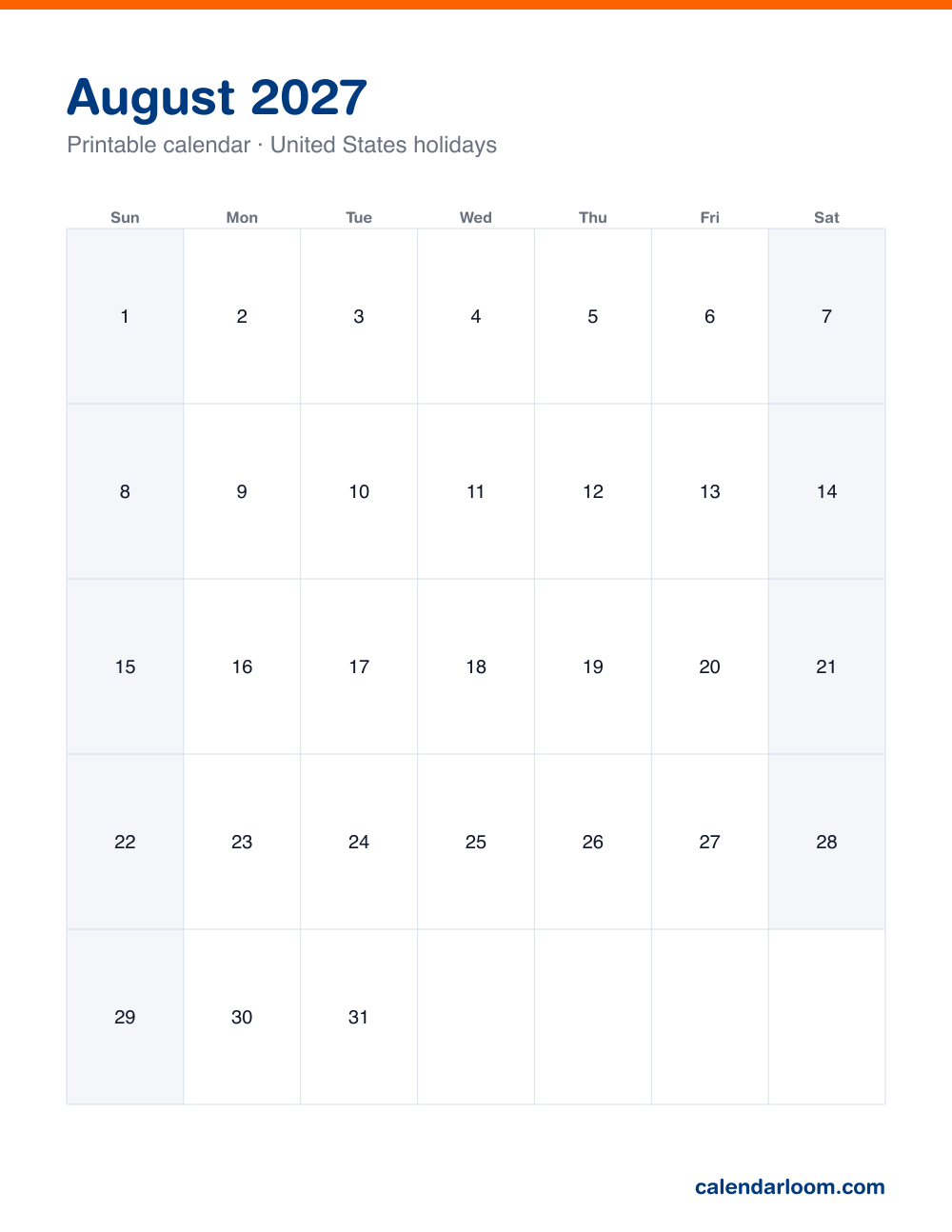 Printable August 2027 calendar with United States holidays marked, Sunday start, Letter size