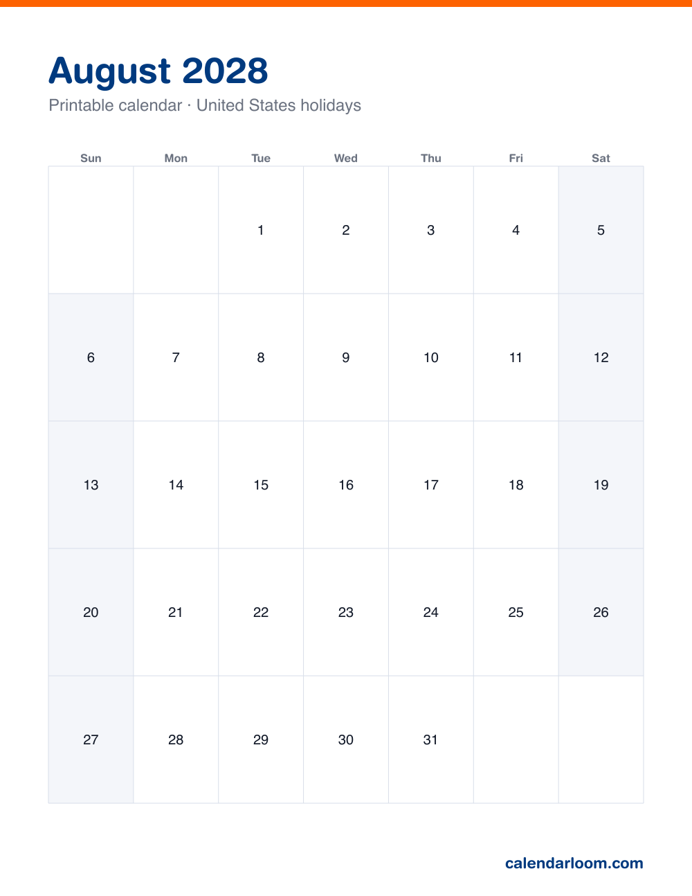 Printable August 2028 calendar with United States holidays marked, Sunday start, Letter size