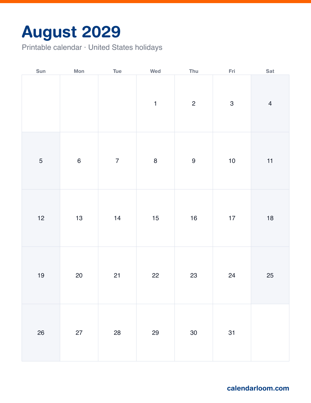 Printable August 2029 calendar with United States holidays marked, Sunday start, Letter size