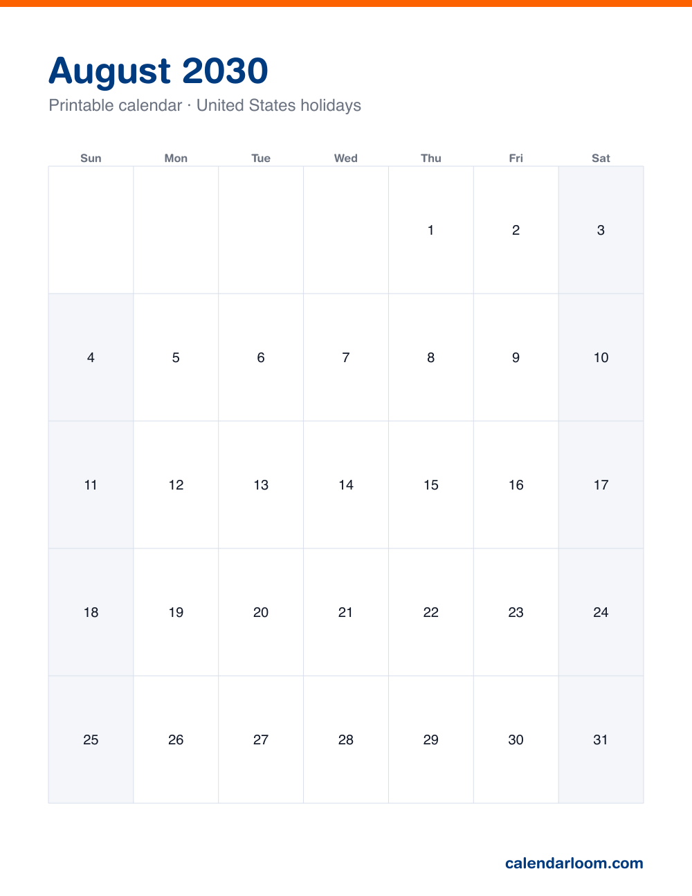Printable August 2030 calendar with United States holidays marked, Sunday start, Letter size