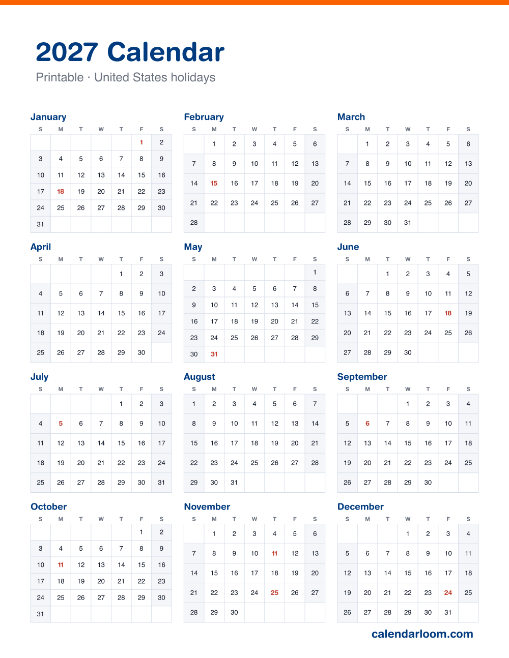 Printable 2027 year calendar on one page with United States holidays marked