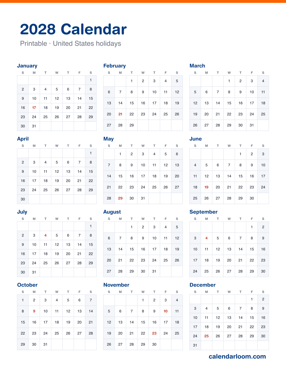 Printable 2028 year calendar on one page with United States holidays marked