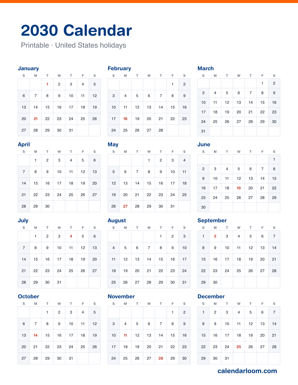 Printable 2030 year calendar on one page with United States holidays marked