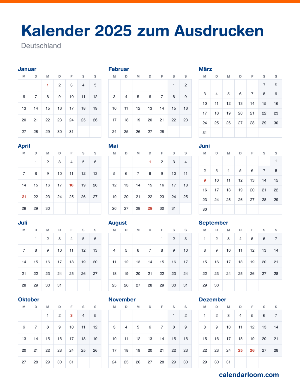 Kalender 2025 zum Ausdrucken mit den deutschen Feiertagen