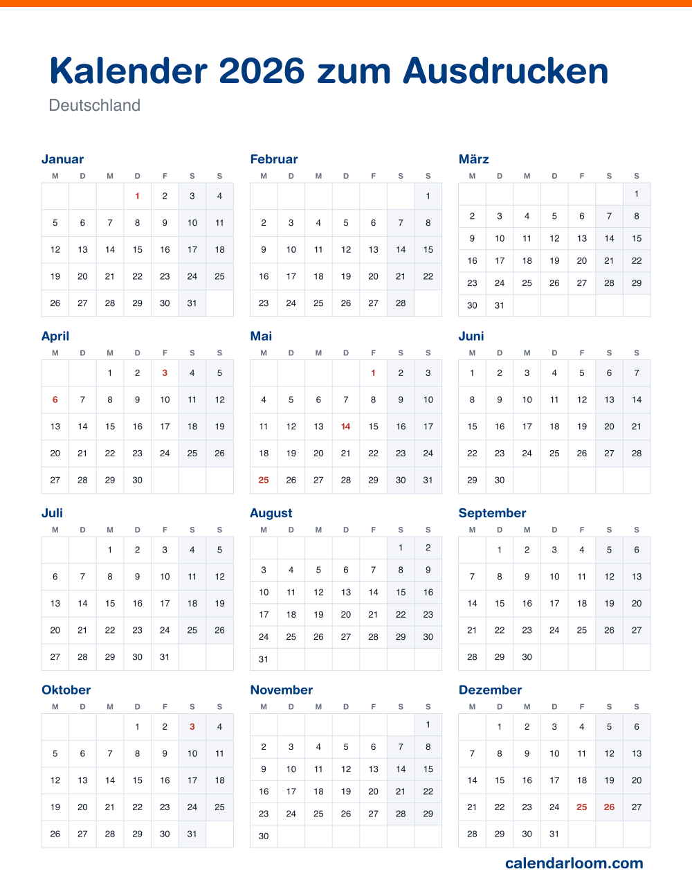 Kalender 2026 zum Ausdrucken mit den deutschen Feiertagen