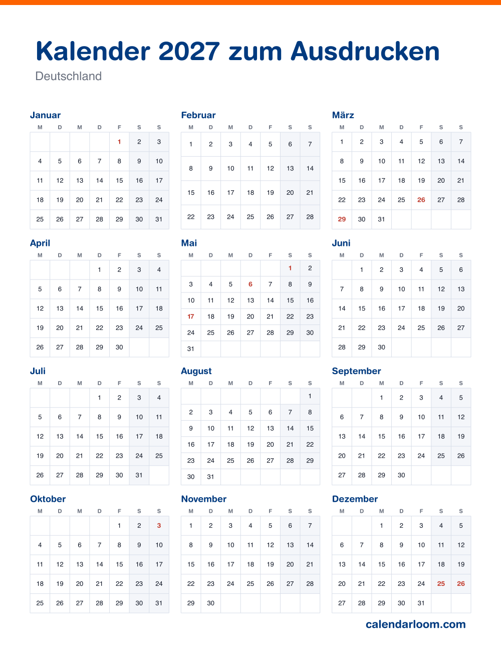 Kalender 2027 zum Ausdrucken mit den deutschen Feiertagen