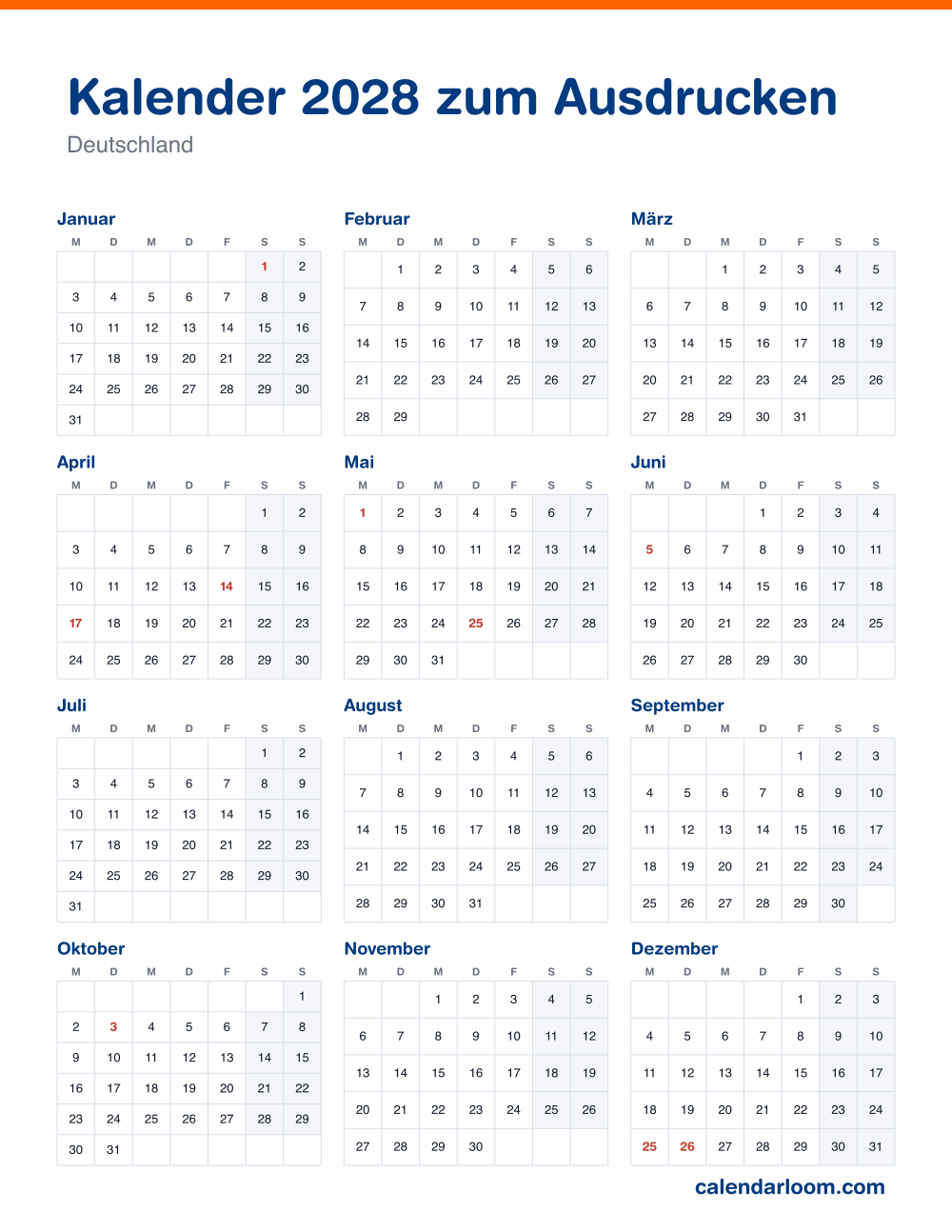 Kalender 2028 zum Ausdrucken mit den deutschen Feiertagen