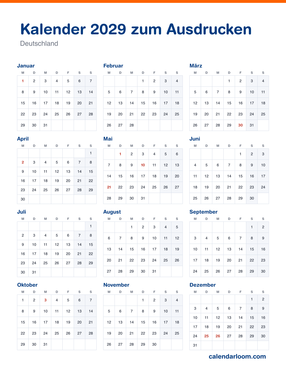 Kalender 2029 zum Ausdrucken mit den deutschen Feiertagen