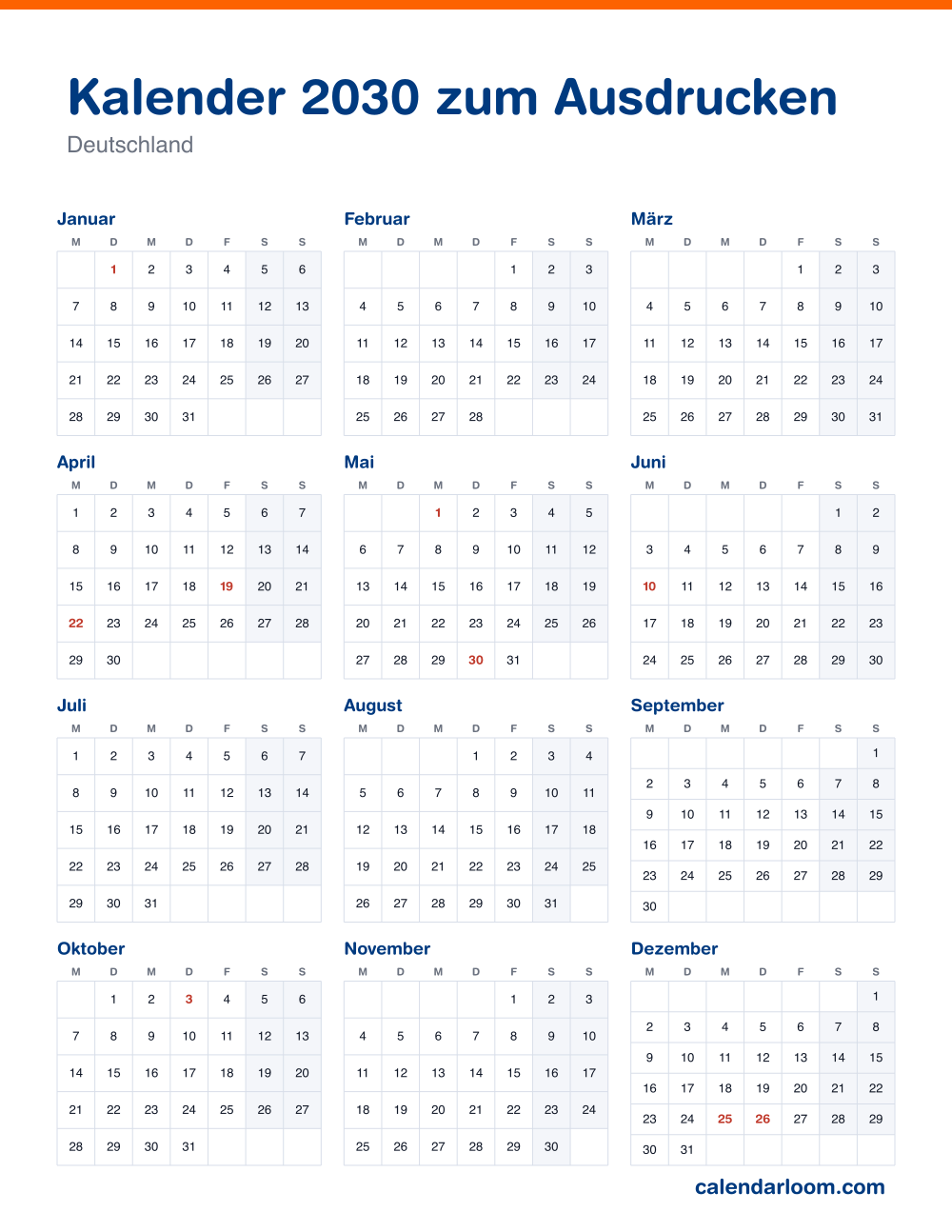 Kalender 2030 zum Ausdrucken mit den deutschen Feiertagen