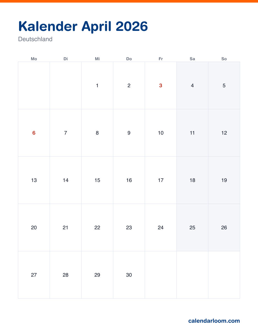 Kalender April 2026 zum Ausdrucken mit den deutschen Feiertagen