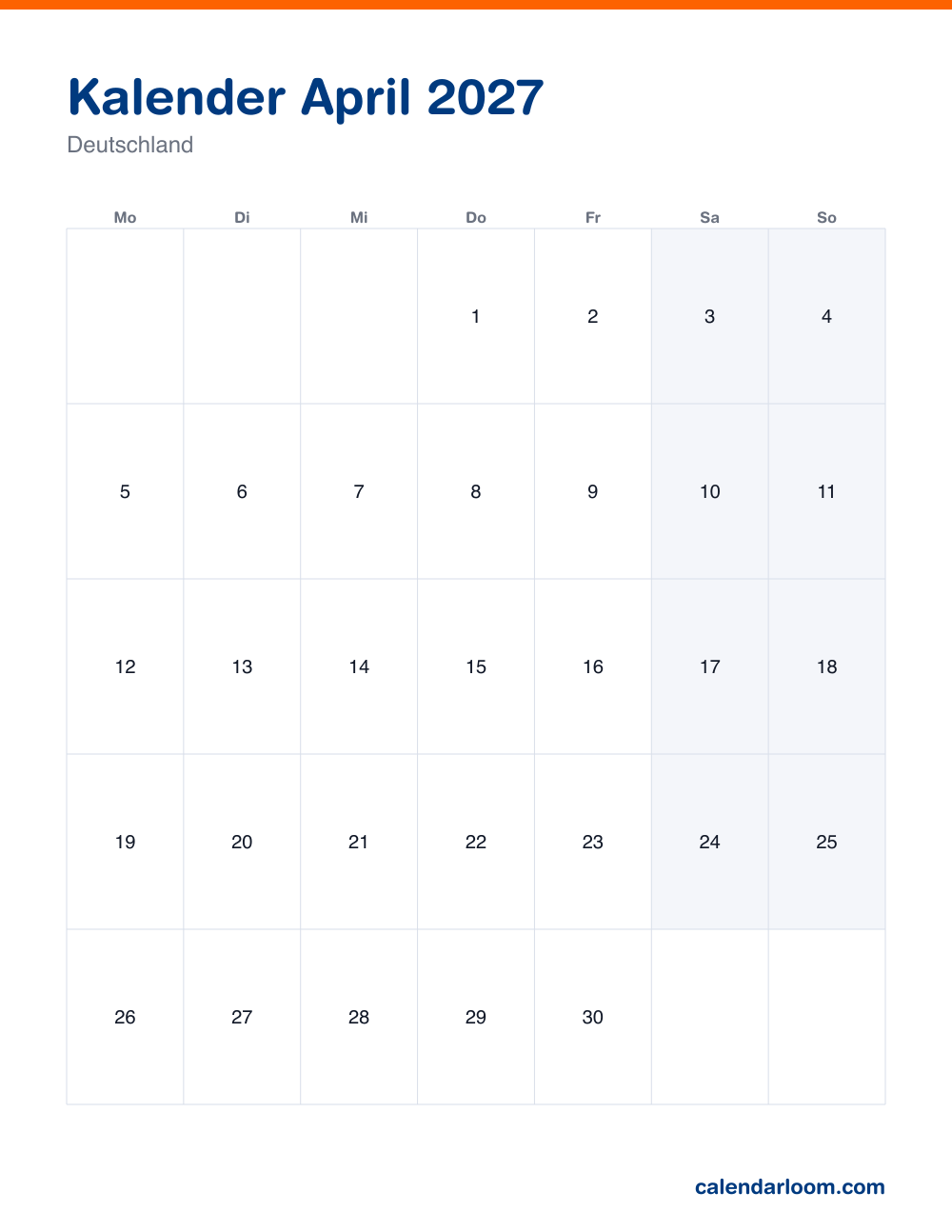 Kalender April 2027 zum Ausdrucken mit den deutschen Feiertagen