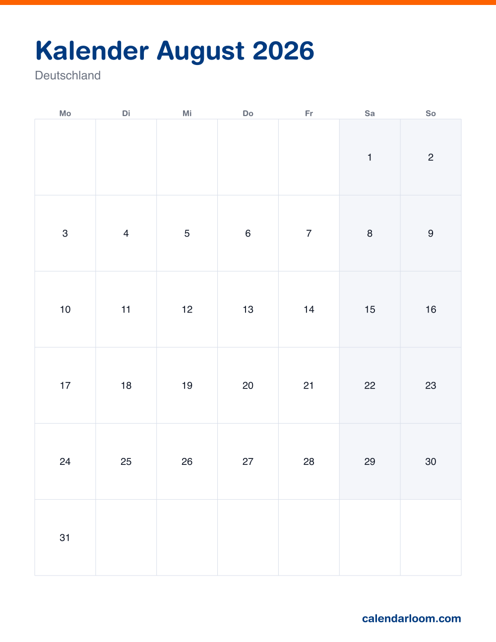 Kalender August 2026 zum Ausdrucken mit den deutschen Feiertagen