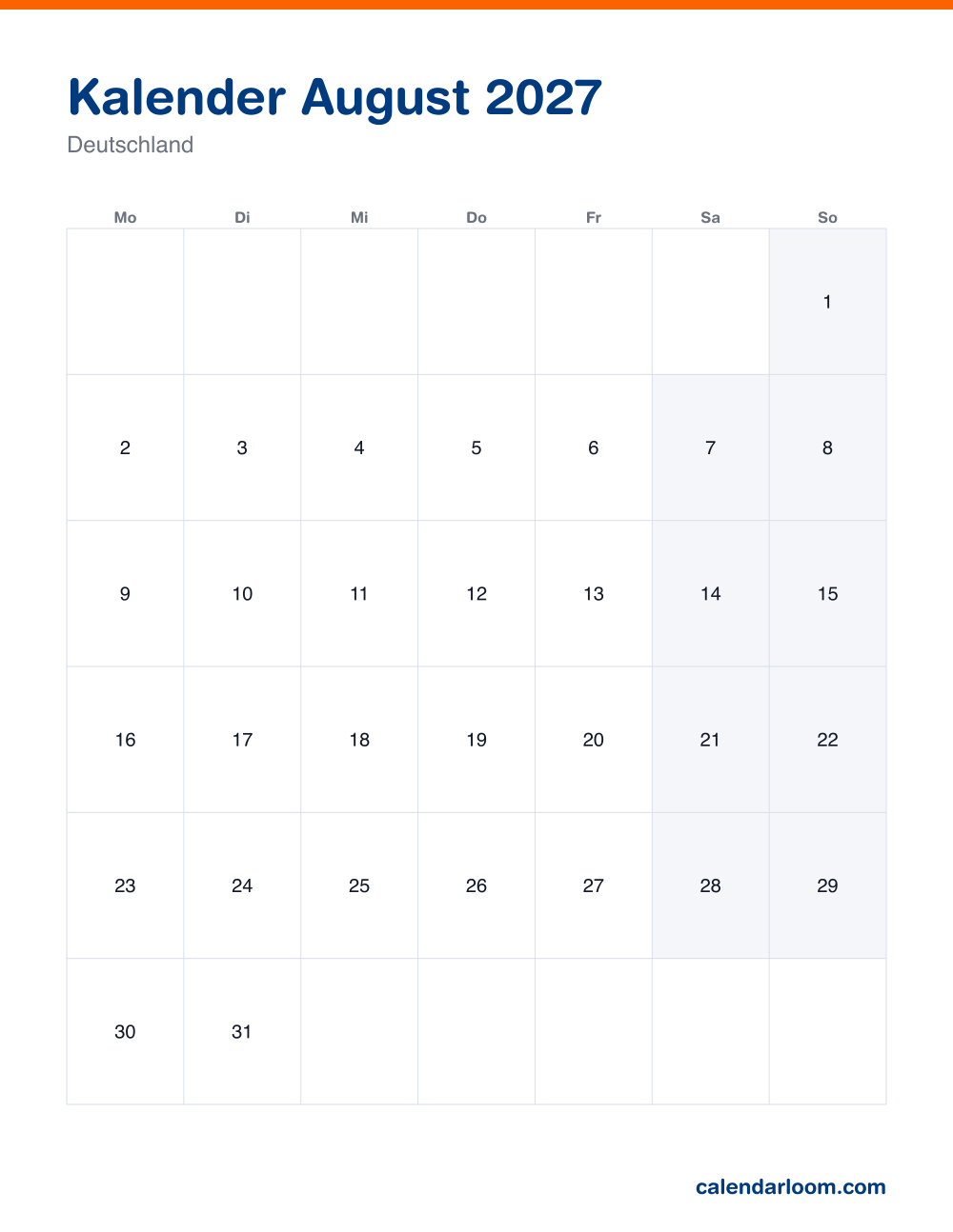 Kalender August 2027 zum Ausdrucken mit den deutschen Feiertagen