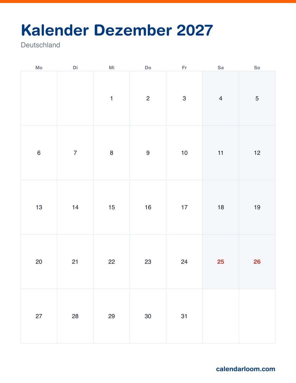 Kalender Dezember 2027 zum Ausdrucken mit den deutschen Feiertagen