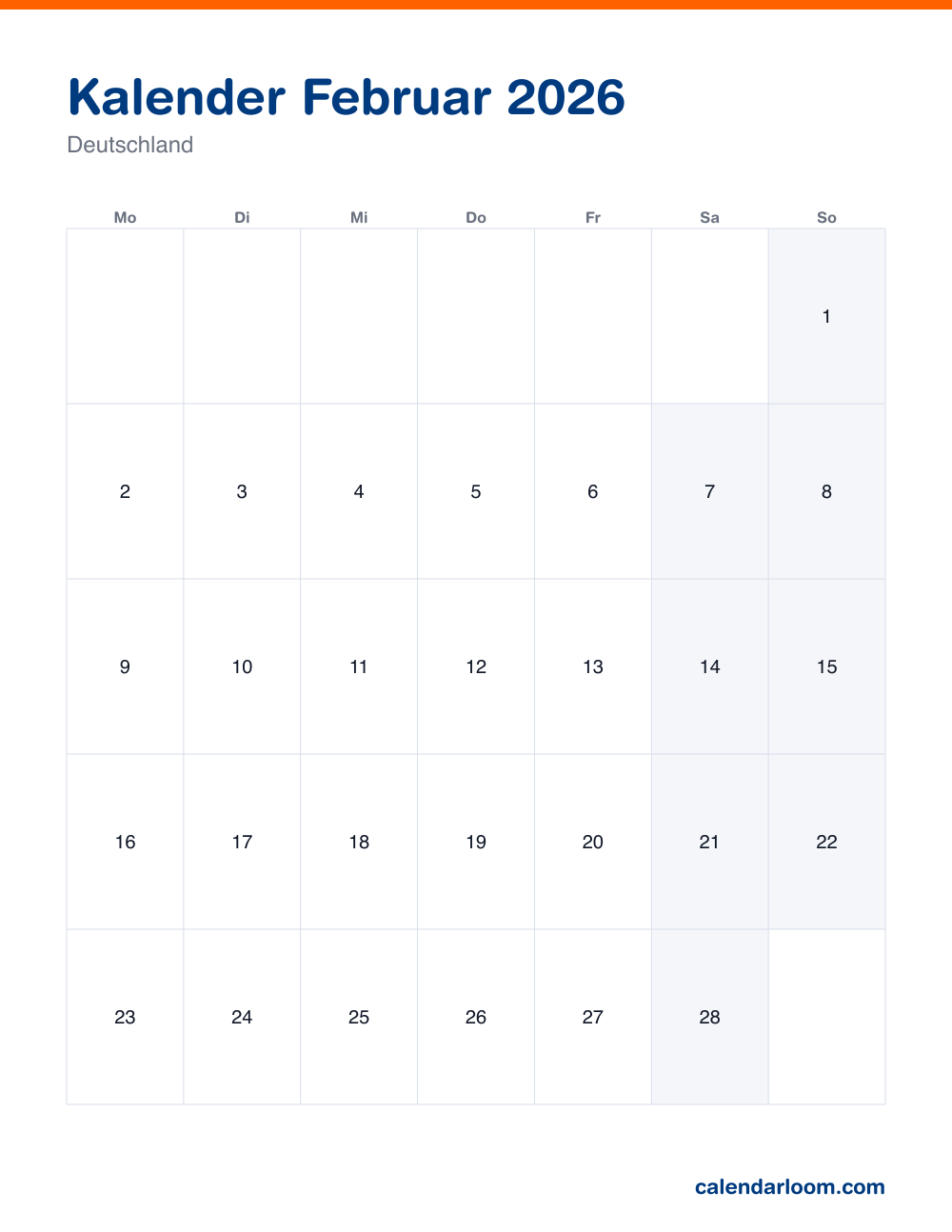 Kalender Februar 2026 zum Ausdrucken mit den deutschen Feiertagen