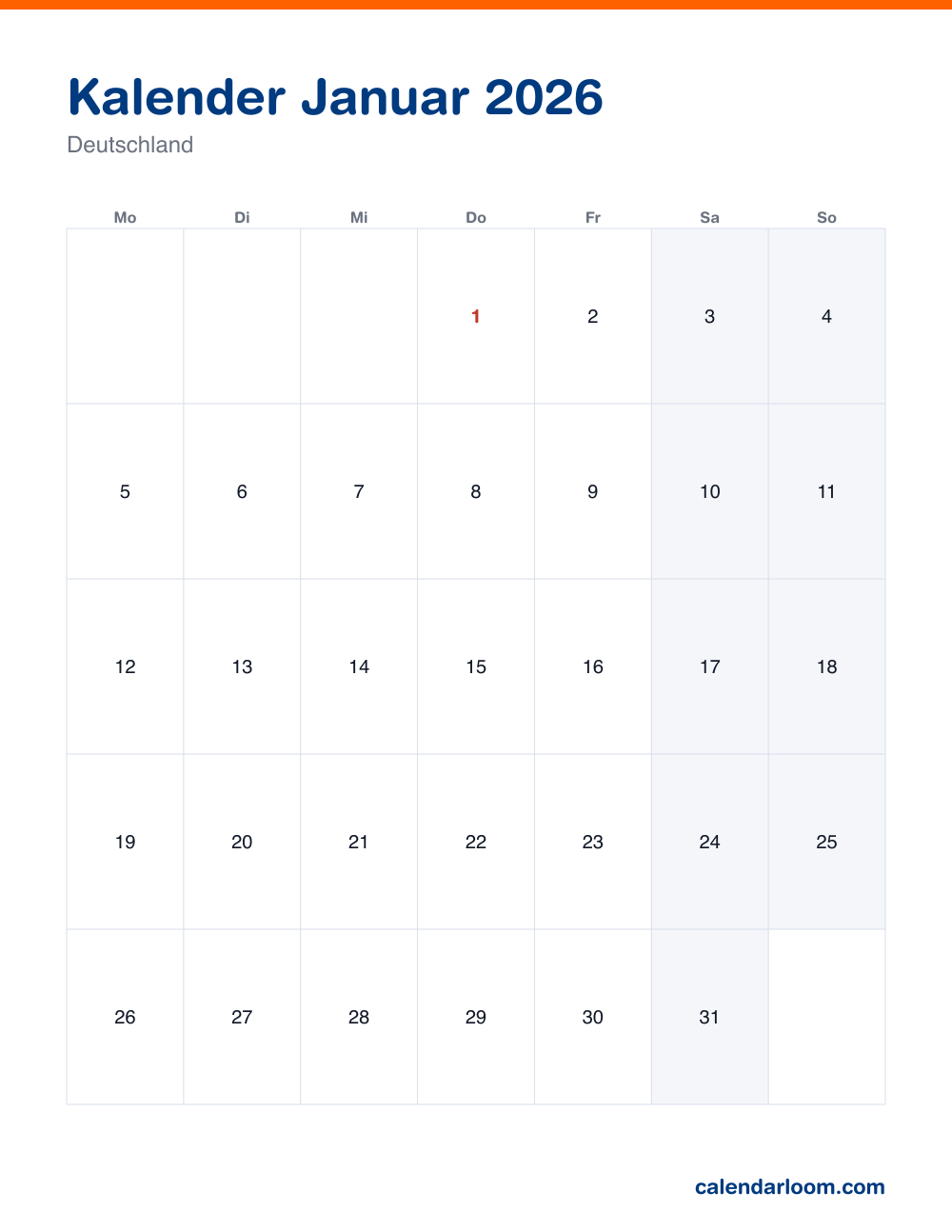 Kalender Januar 2026 zum Ausdrucken mit den deutschen Feiertagen