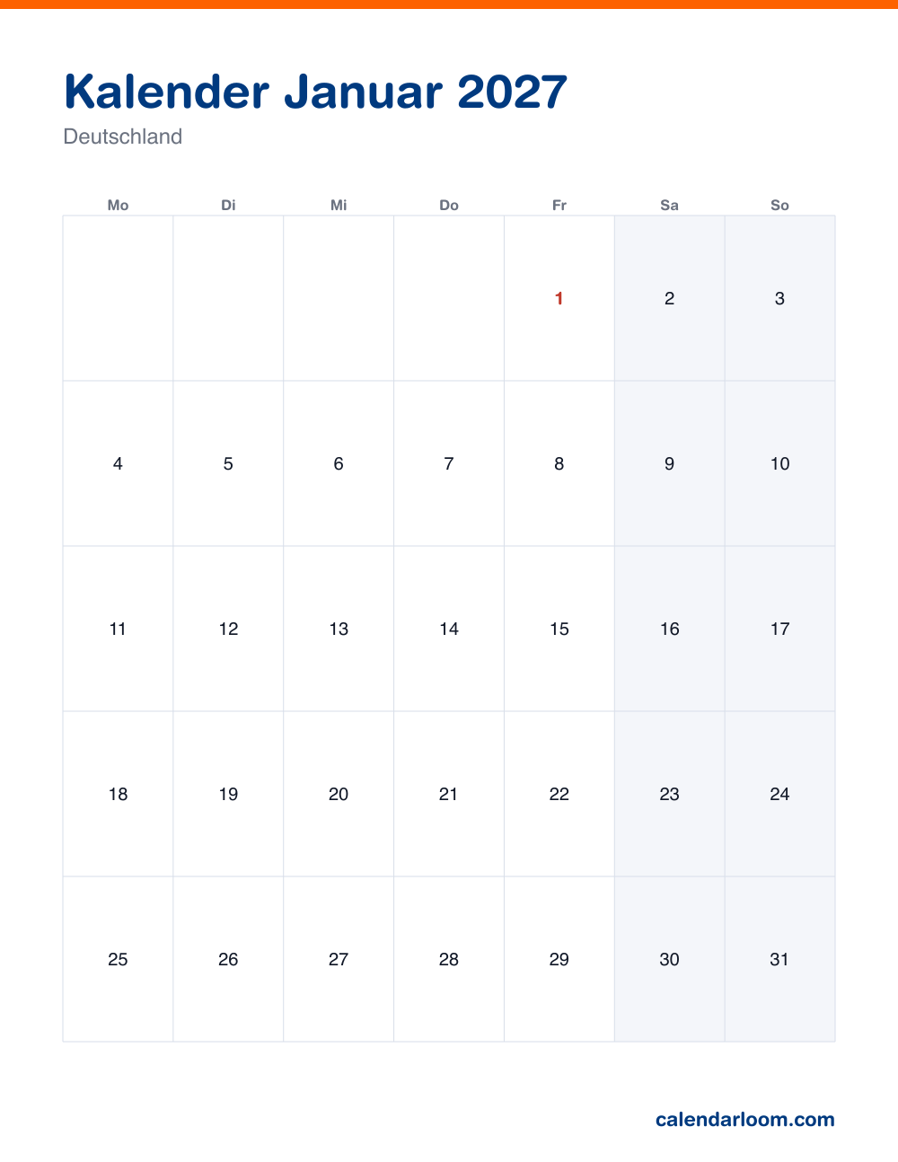 Kalender Januar 2027 zum Ausdrucken mit den deutschen Feiertagen