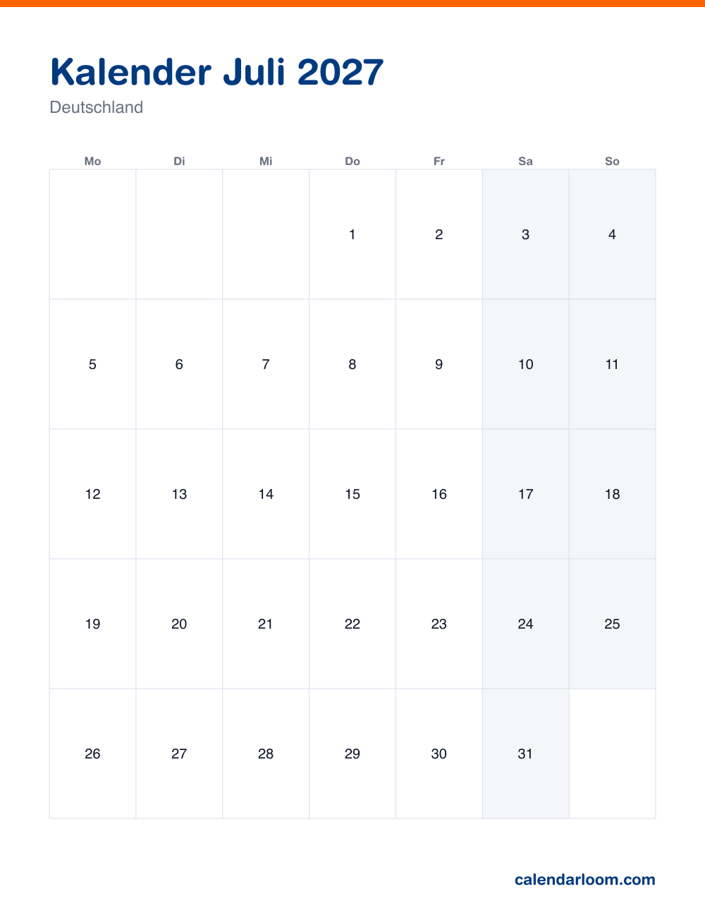 Kalender Juli 2027 zum Ausdrucken mit den deutschen Feiertagen