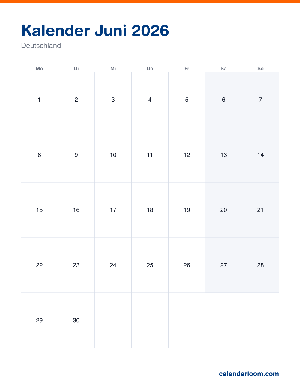 Kalender Juni 2026 zum Ausdrucken mit den deutschen Feiertagen