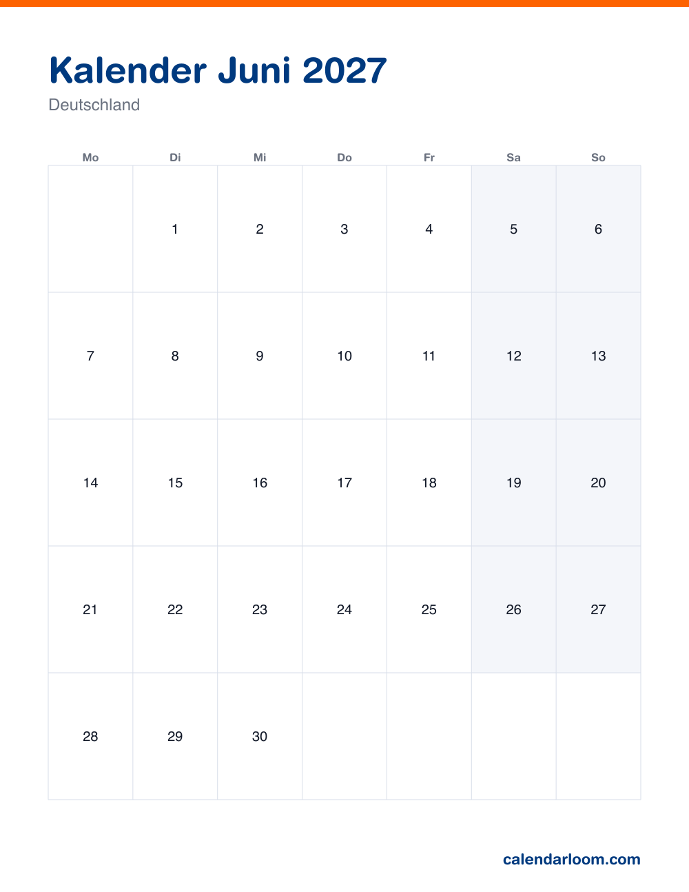 Kalender Juni 2027 zum Ausdrucken mit den deutschen Feiertagen