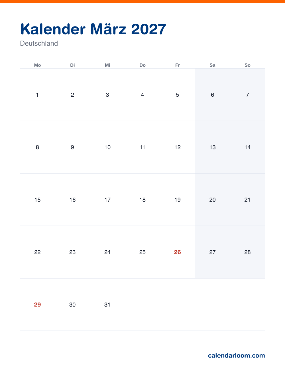 Kalender März 2027 zum Ausdrucken mit den deutschen Feiertagen