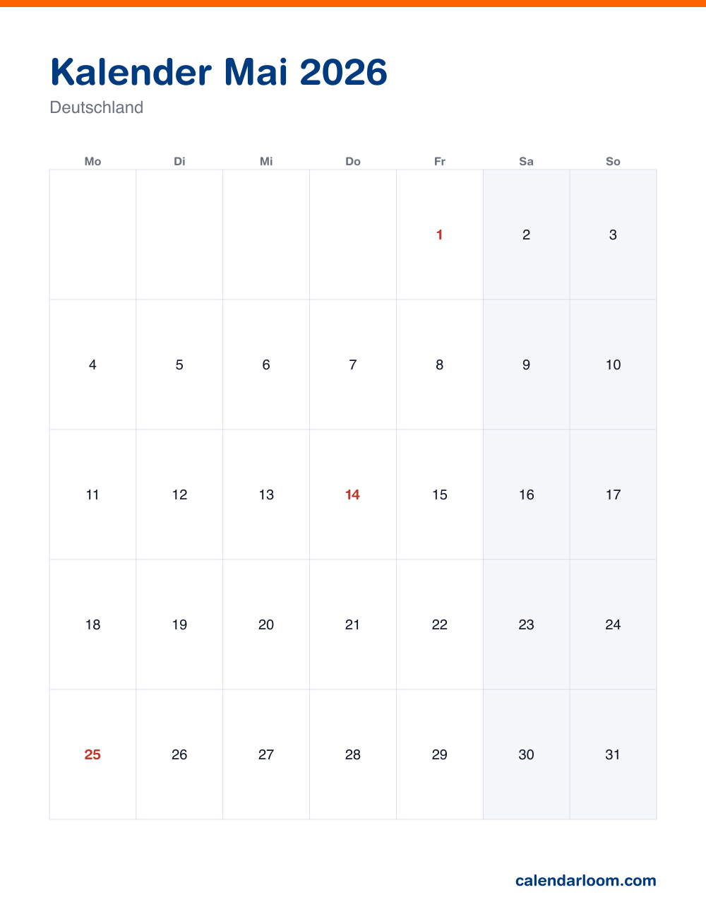 Kalender Mai 2026 zum Ausdrucken mit den deutschen Feiertagen