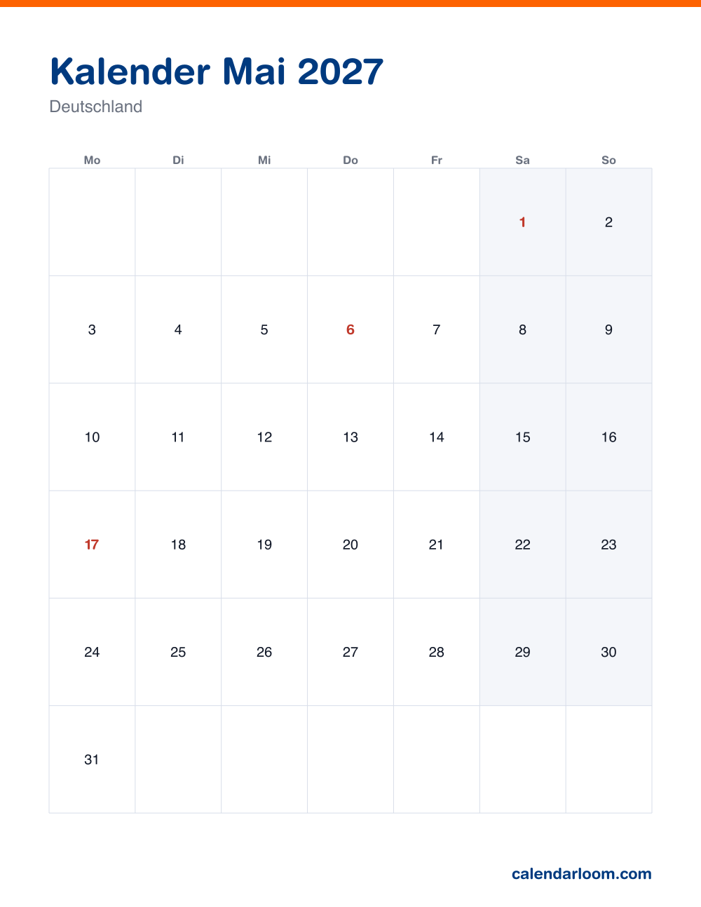 Kalender Mai 2027 zum Ausdrucken mit den deutschen Feiertagen