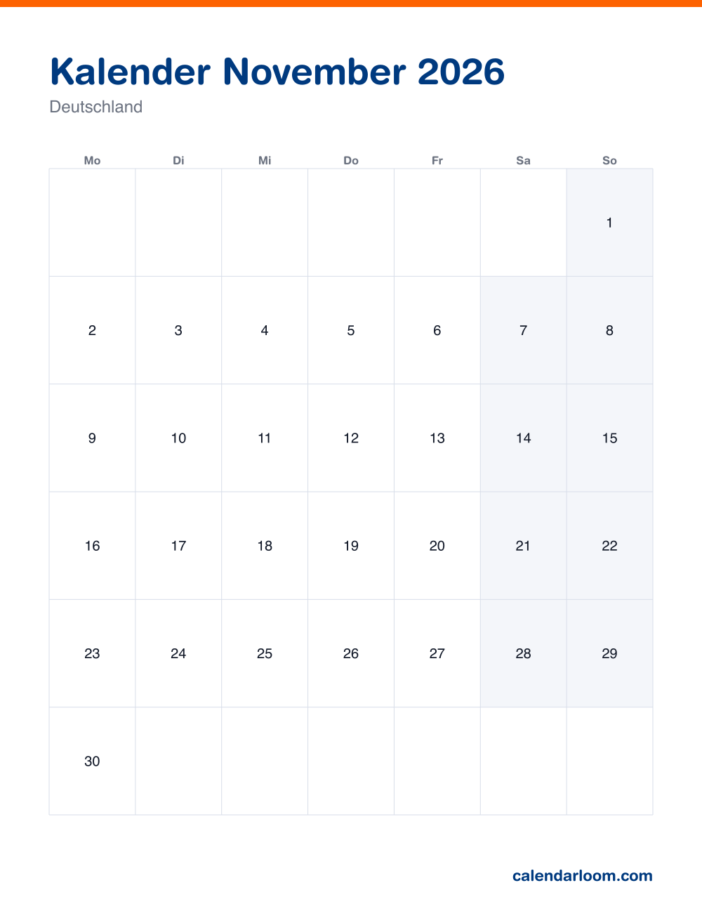 Kalender November 2026 zum Ausdrucken mit den deutschen Feiertagen