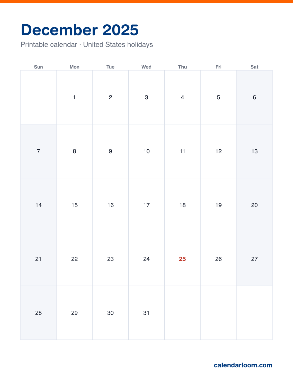 Printable December 2025 calendar with United States holidays marked, Sunday start, Letter size