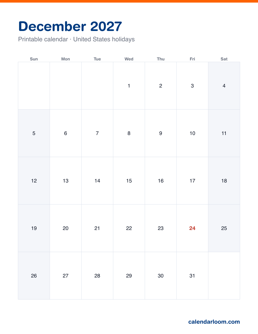 Printable December 2027 calendar with United States holidays marked, Sunday start, Letter size
