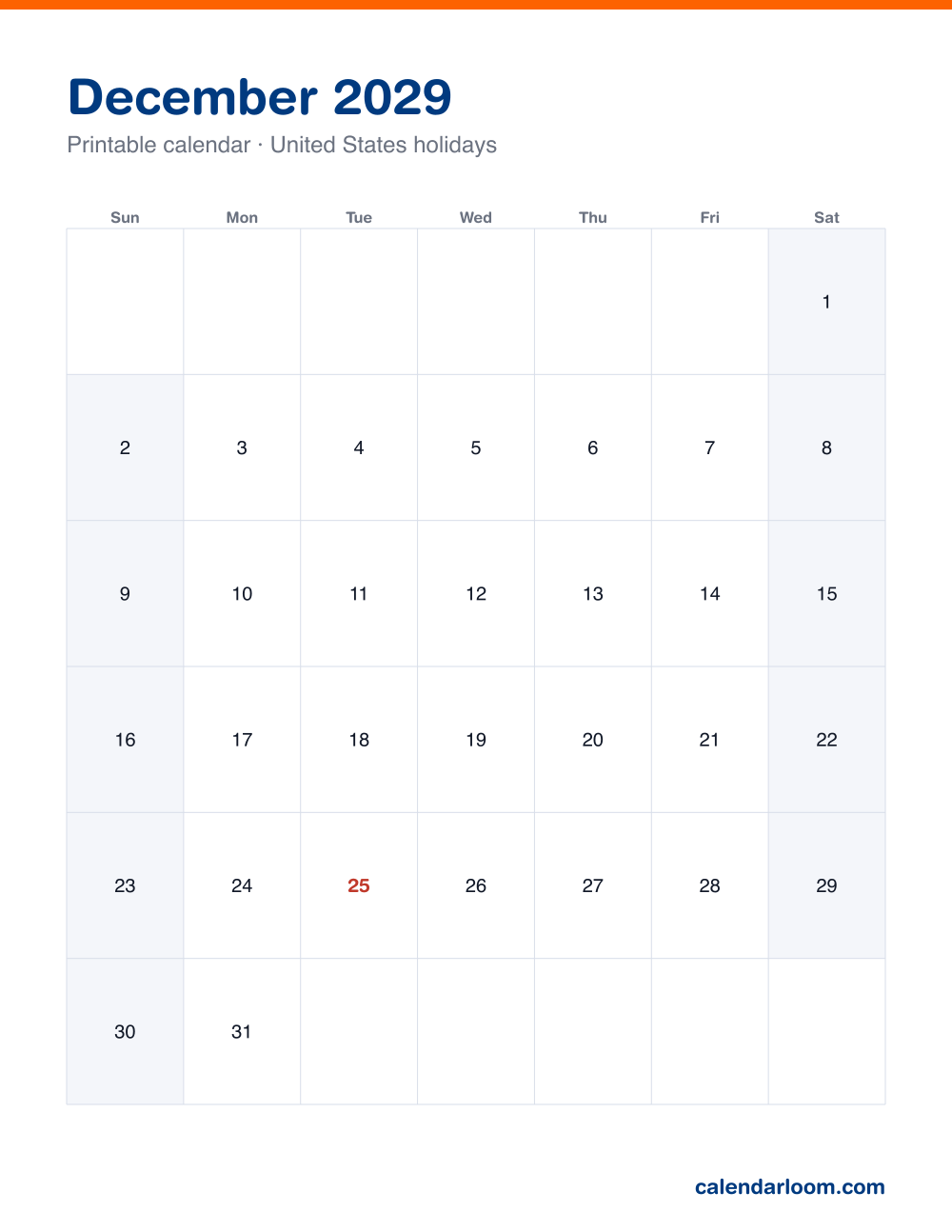 Printable December 2029 calendar with United States holidays marked, Sunday start, Letter size