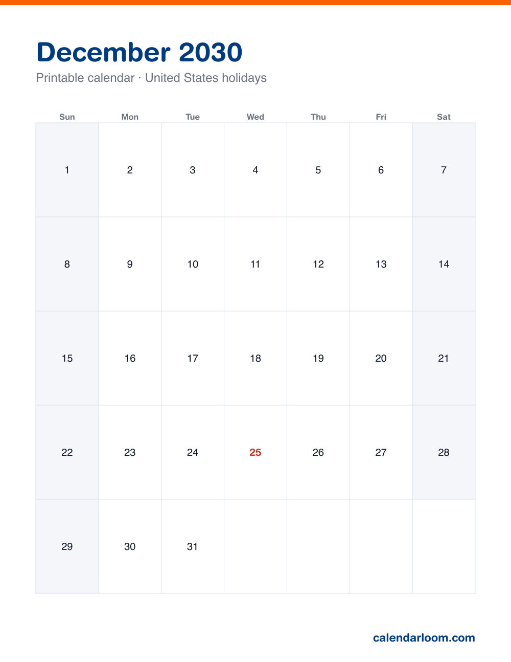 Printable December 2030 calendar with United States holidays marked, Sunday start, Letter size