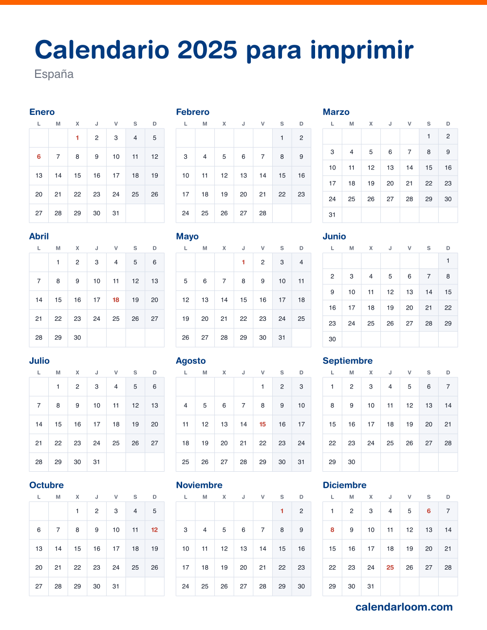 Calendario 2025 para imprimir con los festivos de España