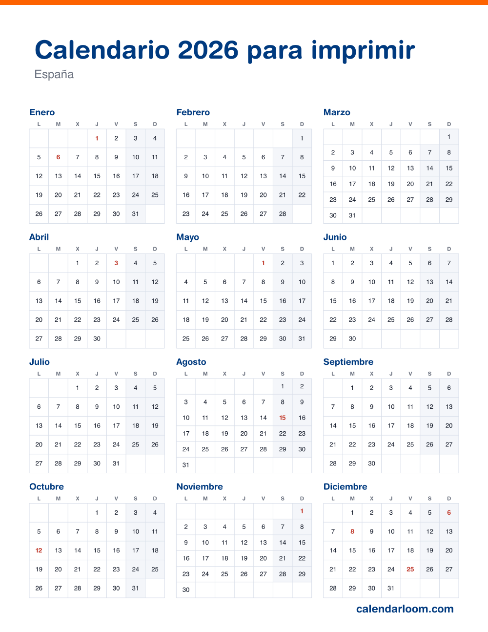 Calendario 2026 para imprimir con los festivos de España