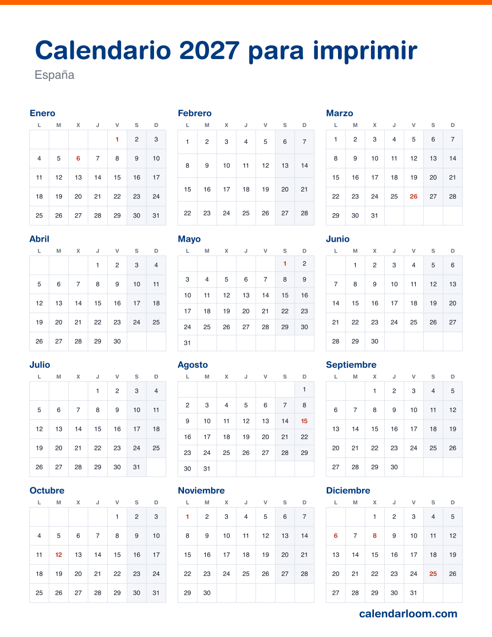 Calendario 2027 para imprimir con los festivos de España