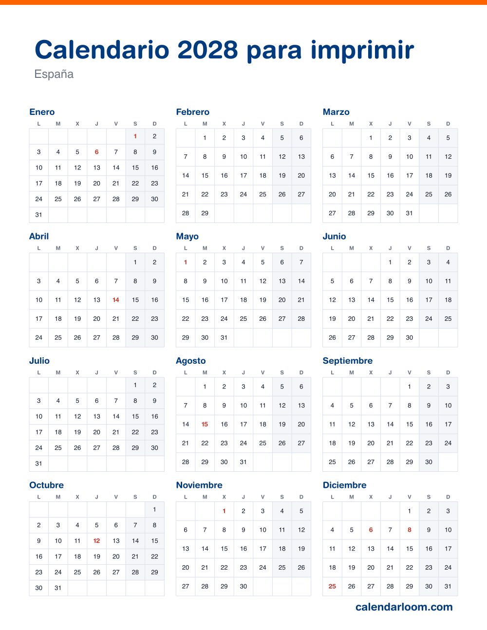 Calendario 2028 para imprimir con los festivos de España