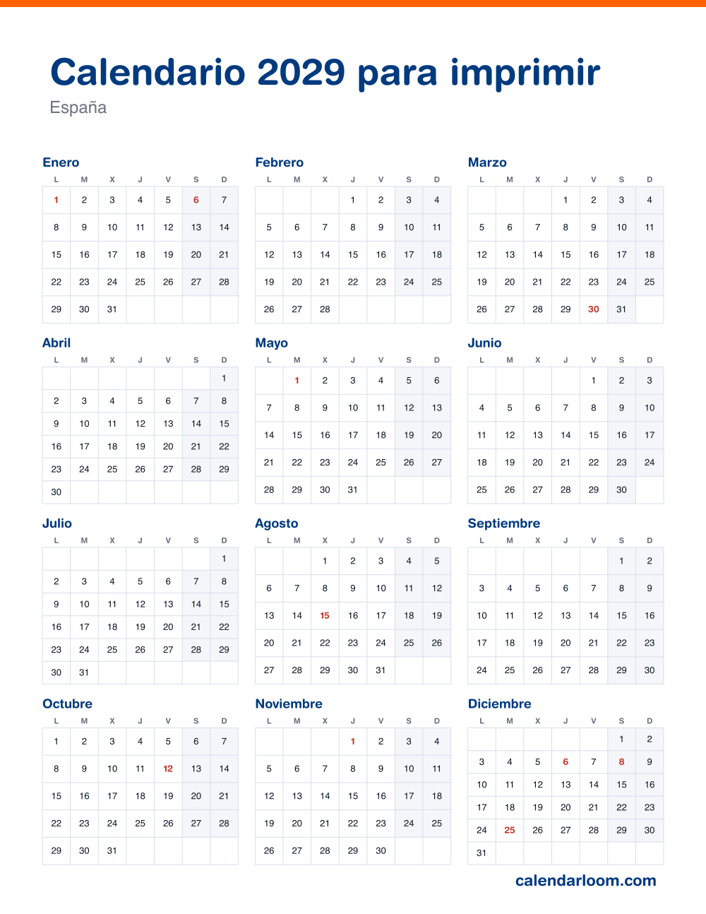 Calendario 2029 para imprimir con los festivos de España