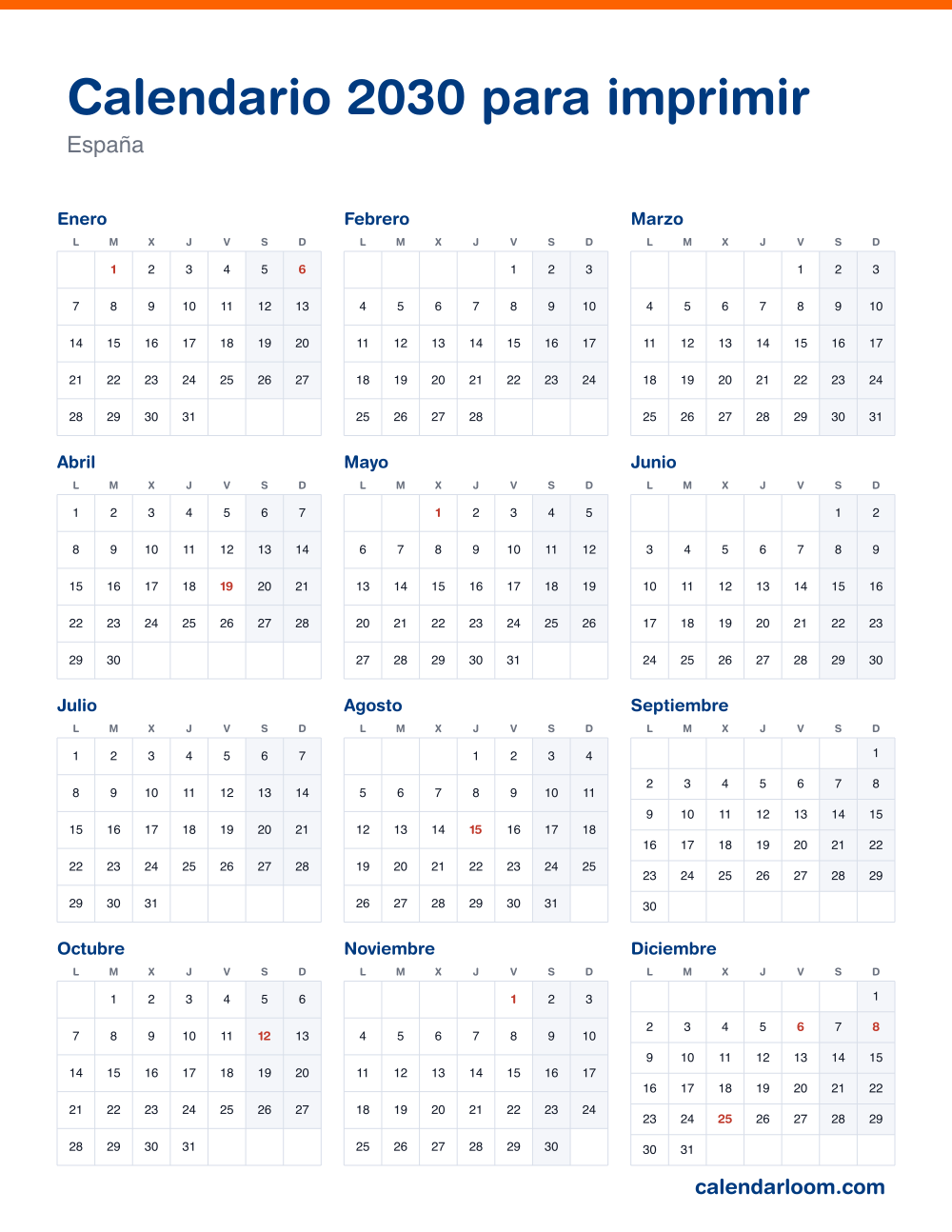 Calendario 2030 para imprimir con los festivos de España