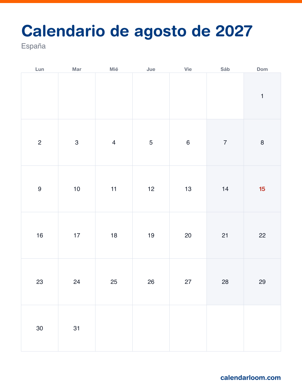 Calendario de agosto de 2027 para imprimir con los festivos de España