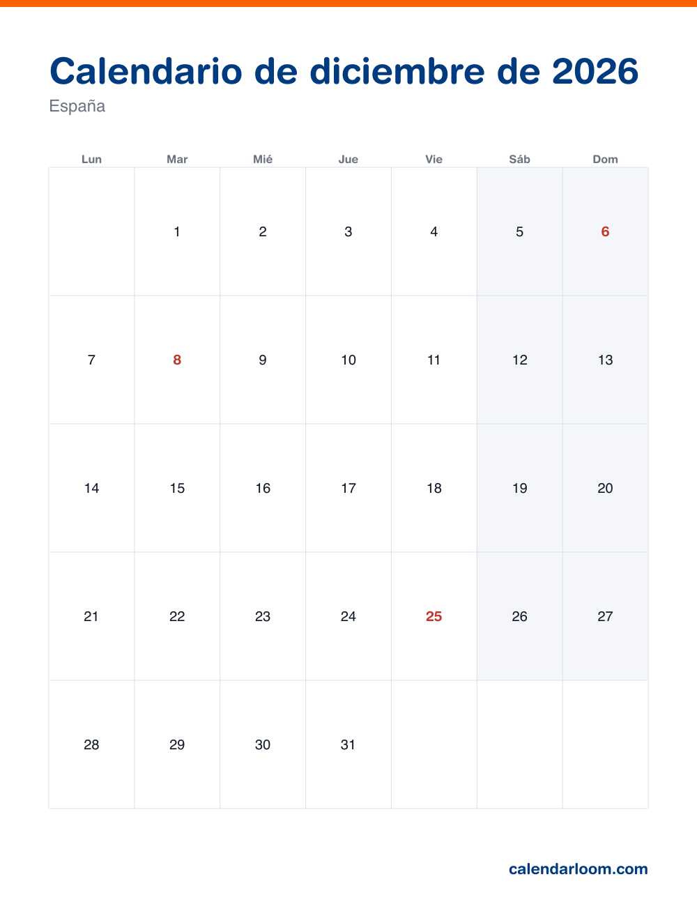 Calendario de diciembre de 2026 para imprimir con los festivos de España
