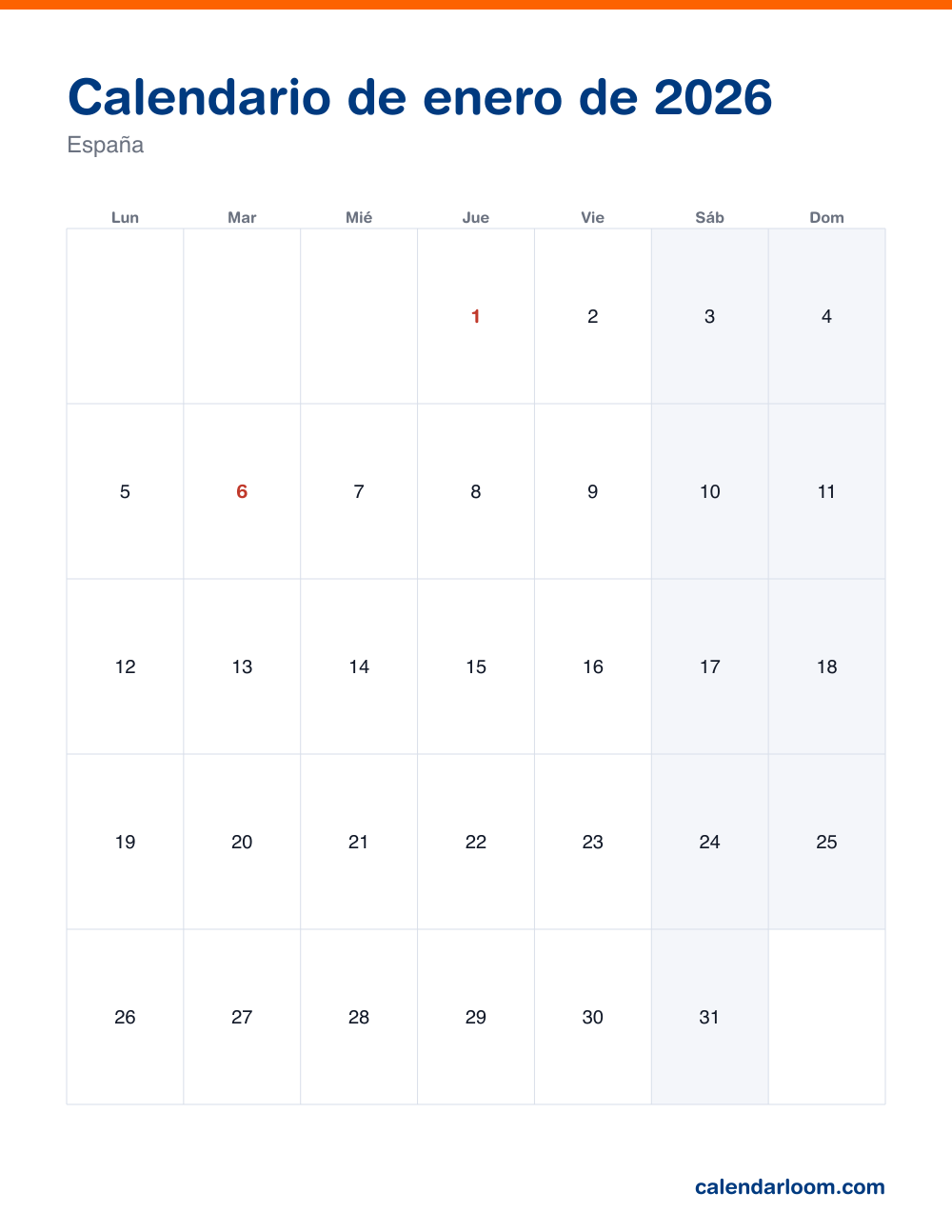 Calendario de enero de 2026 para imprimir con los festivos de España