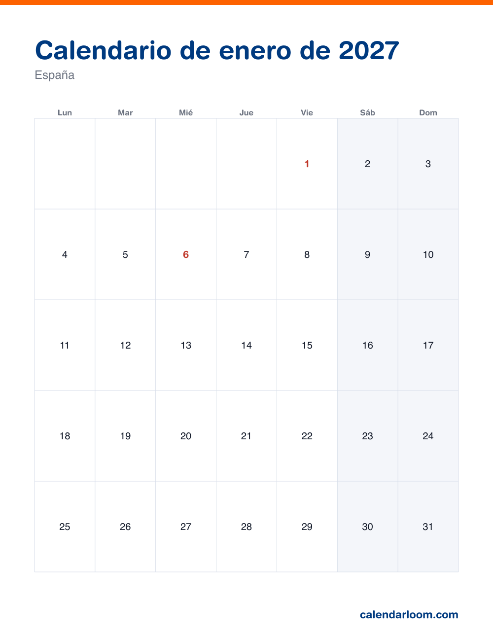 Calendario de enero de 2027 para imprimir con los festivos de España
